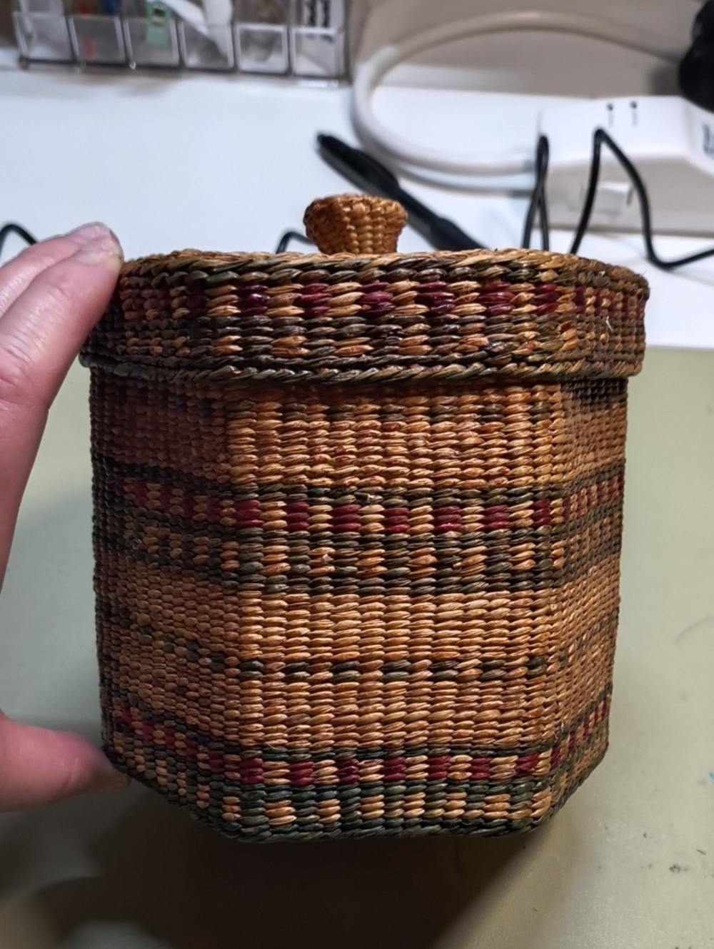 Handwoven Natural Seagrass Lidded Storage Jar - Brown with Red & Green Accents